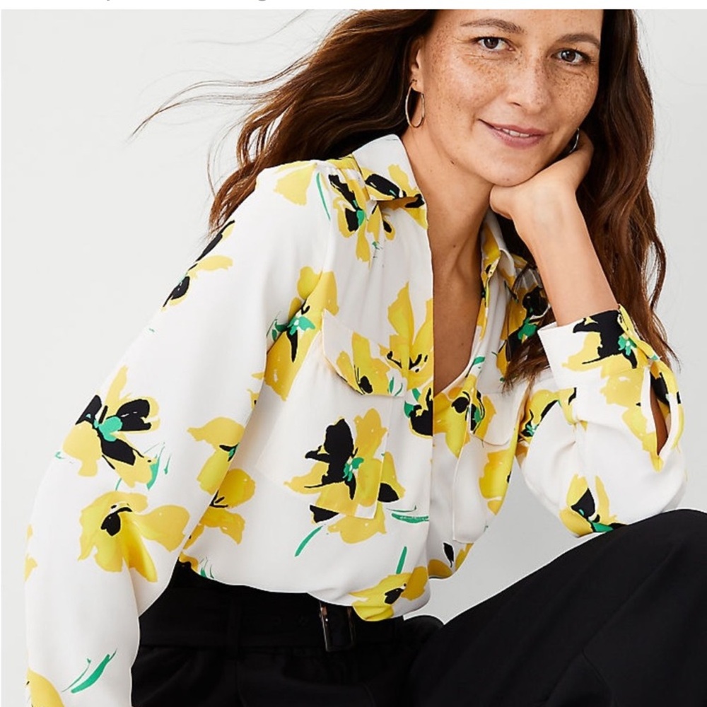 ANN TAYLOR Petite Floral Camp Shirt - Yellow Spring Size Large Tall